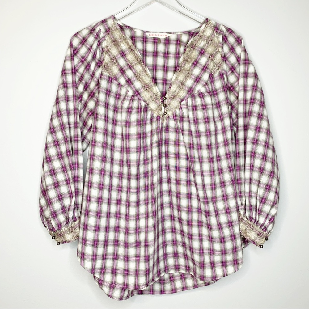 REBECCA TAYLOR Purple Plaid Peasant Blouse Size 2 - Picture 2 of 8